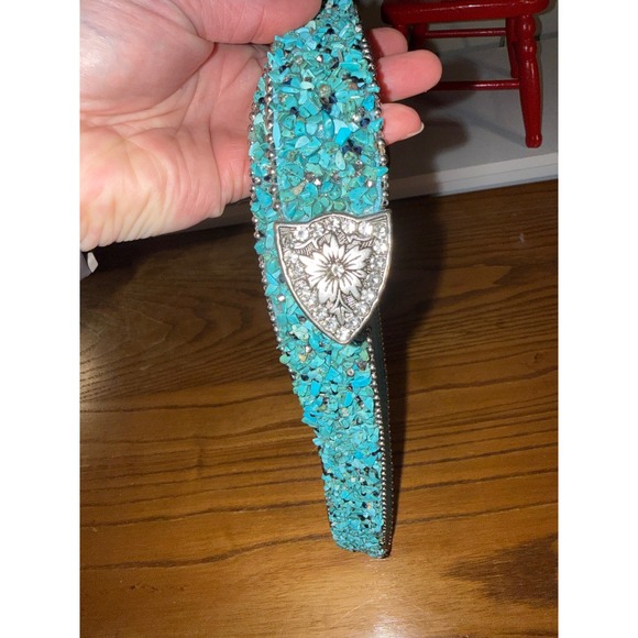Womens Turquoise Rhinestone Western Belt Genuine Leather Embellished - Picture 4 of 8